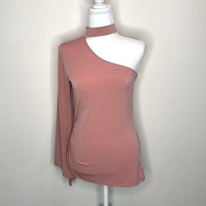 Beware Brand Coral One Bell Sleeve Top with Side Ruching. Large